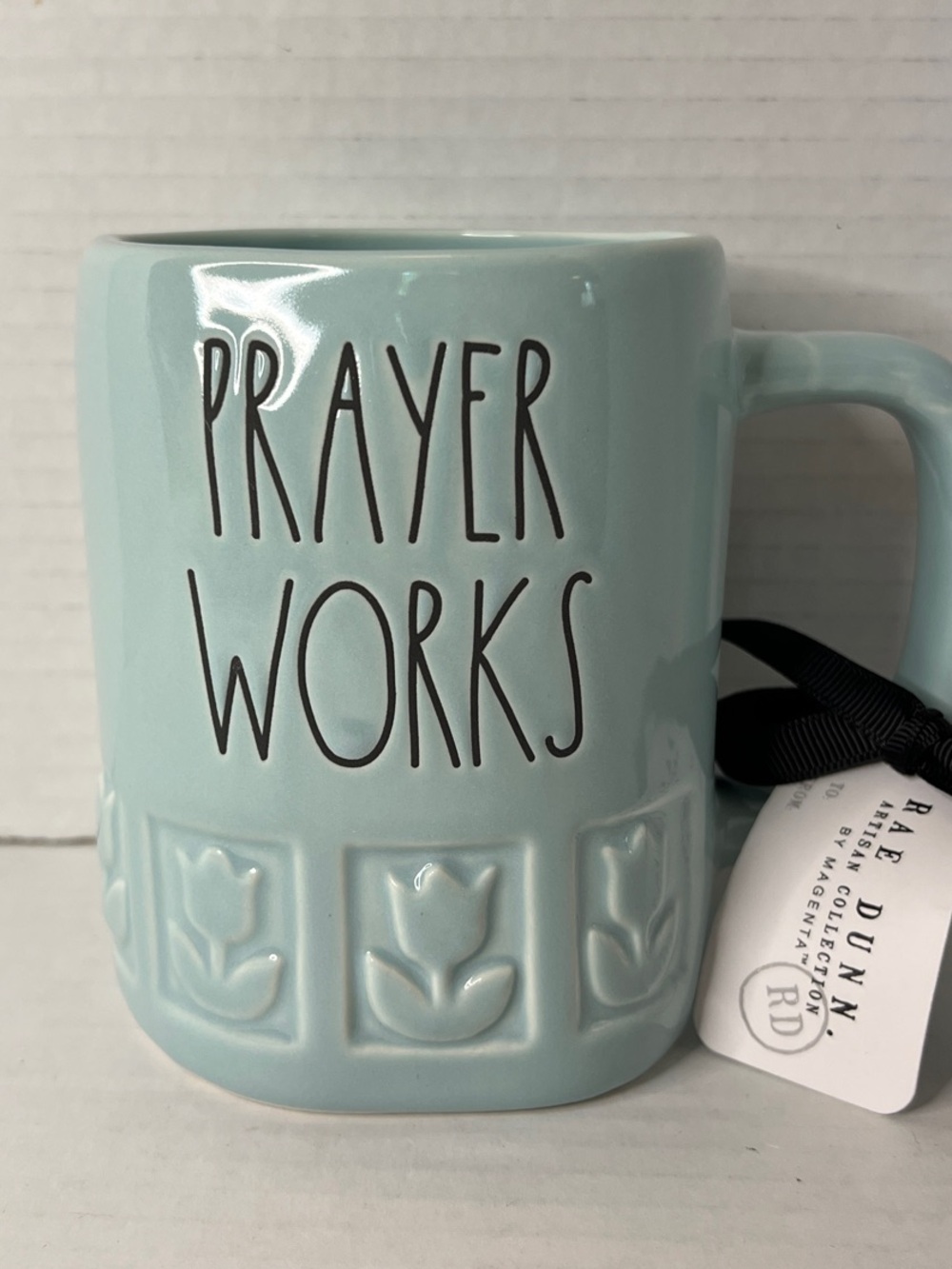Rae Dunn Prayer Works Light Blue Etched Tulip Ceramic Mug New